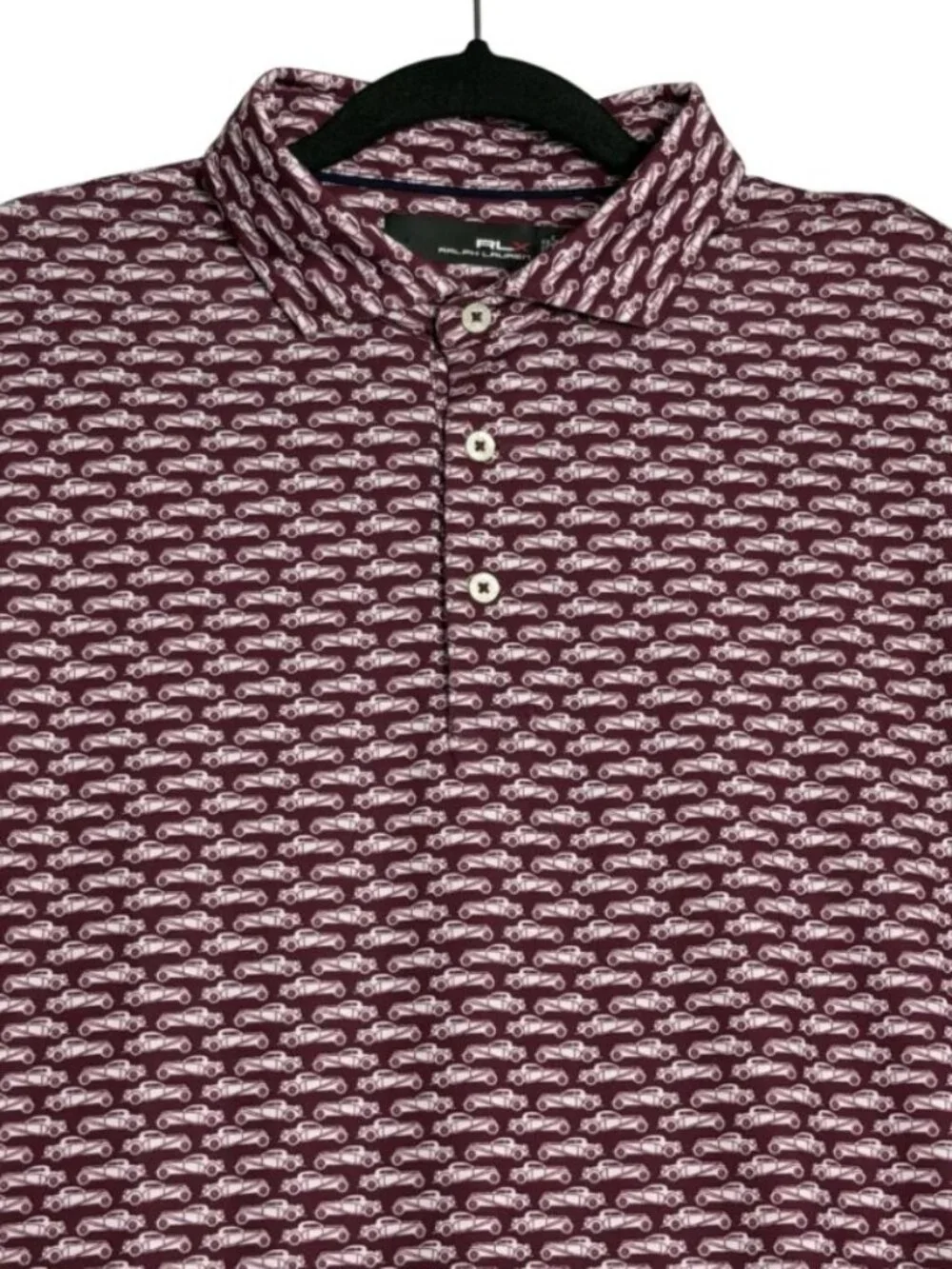 RLX Ralph Lauren Mens Red Burgundy Car Print Athletic Polo Golf Shirt Size XL